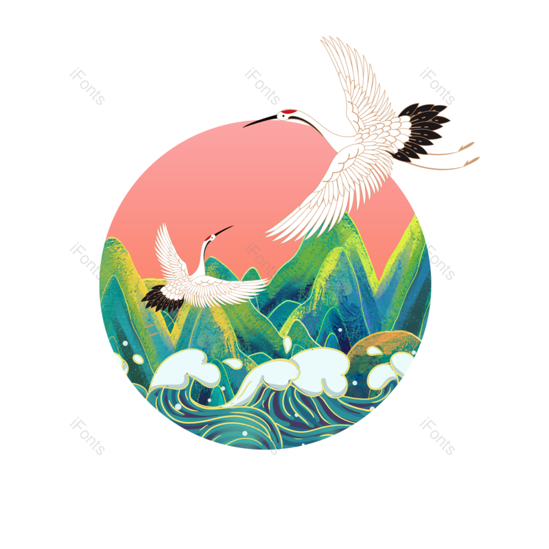装饰图片,中国风元素,仙鹤PNG,波浪免抠素材